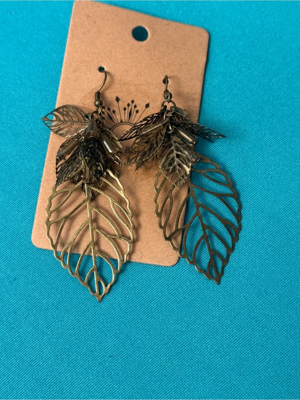 Antique Brass Toned Leaf Cluster Drop Earrings - Women Jewelry